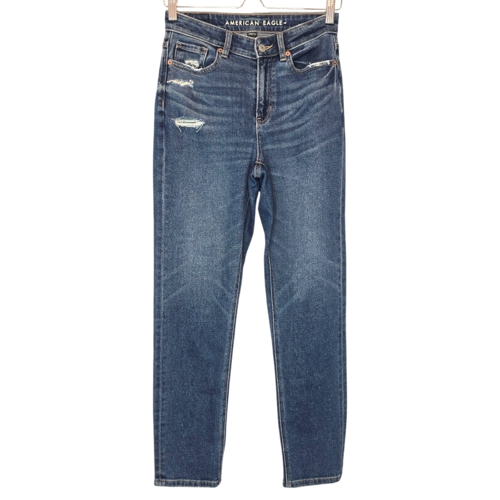 AMERICAN EAGLE Mom Jeans Stretch Distressed Raw Hem Women 2 High Rise Blue Denim
